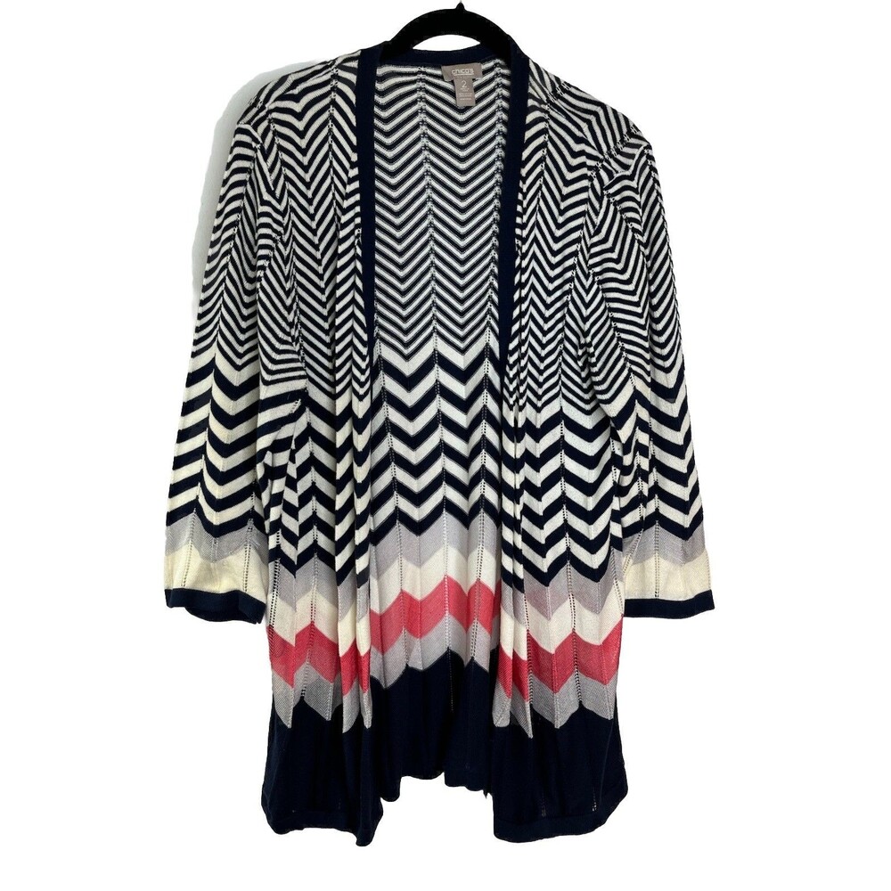Chicos Pleated Mixed Chevron Colorful Art Print Top Blouse sz 2 / L (15